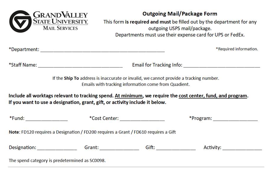Outgoing Mail and Package Form